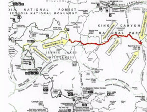 Map showing the route to the Barton Lackey Cabin in Kings Canyon National Park