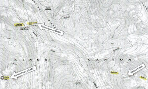 Map of a portion of Kings Canyon showing the location of the Barton-Lackey Cabin