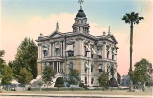 Colored illustration of the original Tulare County Courthouse